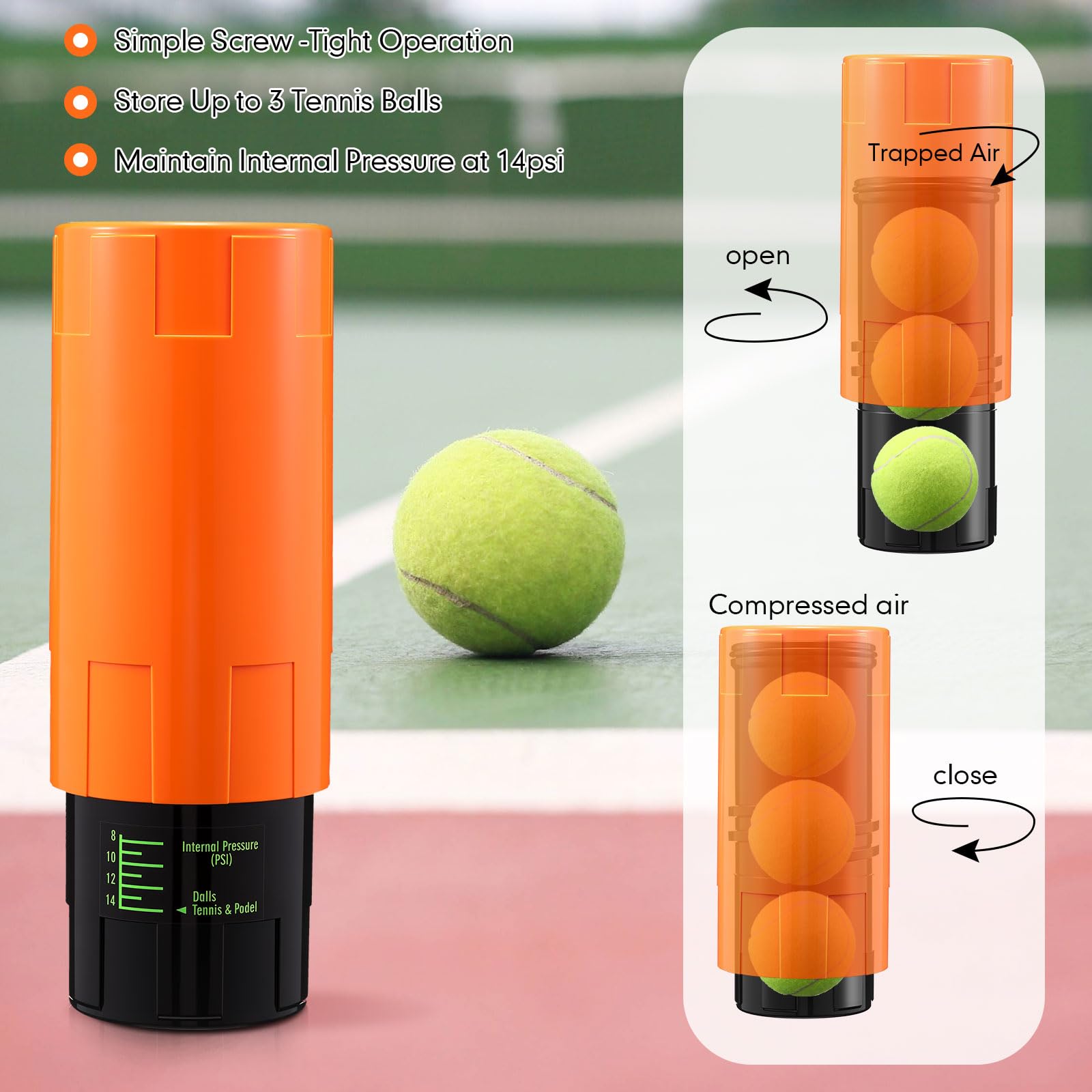 Soulchen Pressurizzatore per palline da tennis – Contenitore per palline da tennis contiene 3 palline sotto 14 Psi di pressione, materiale riutilizzabile per ritenzione del rimbalzo, leggero e