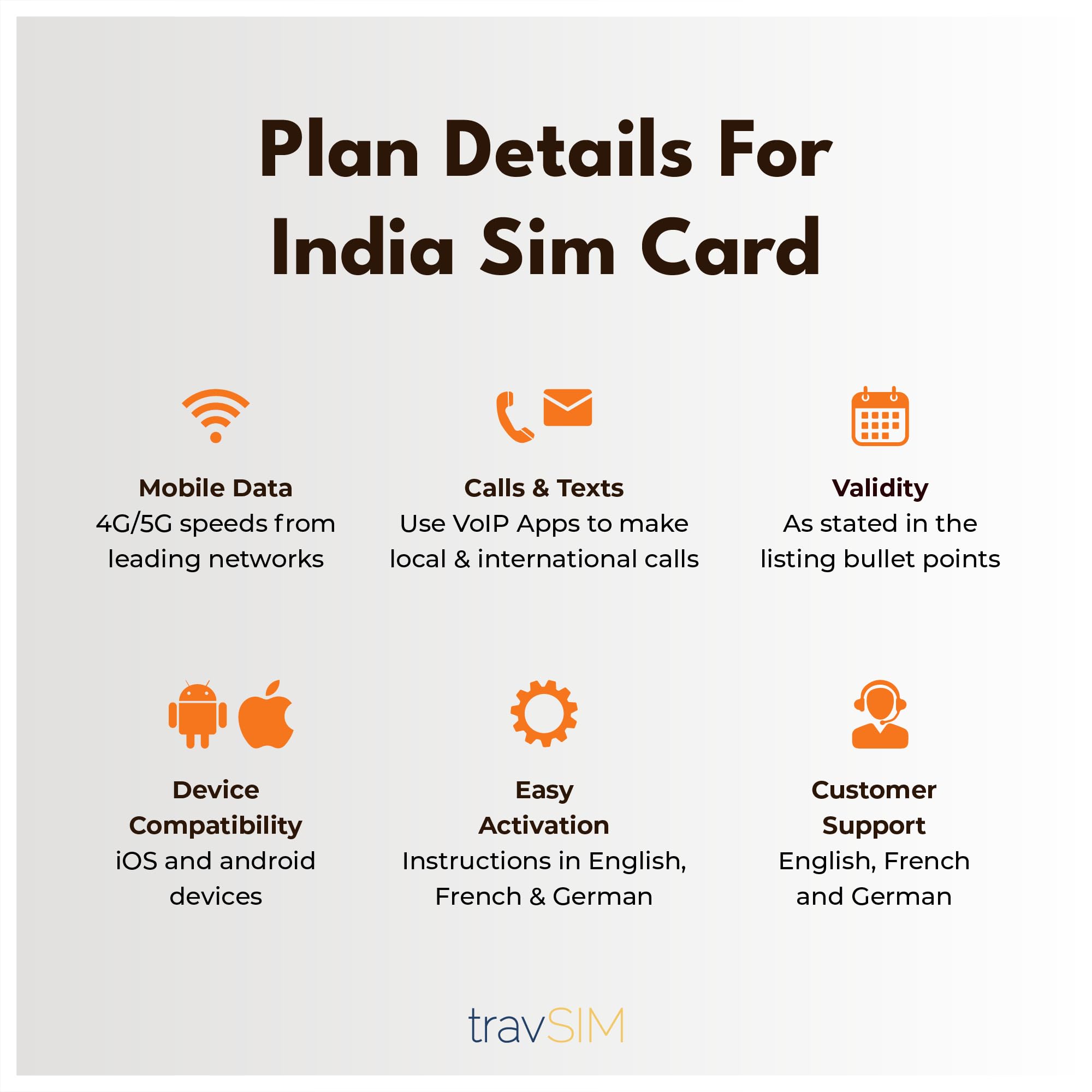 travSIM Carte SIM Inde | 25 Go de données mobiles avec vitesses 4G/5G en Inde – Accès complet à Google, Facebook, WhatsApp et plus encore | SIM carte prépayée pour l’Inde avec une validité de 30 Jours