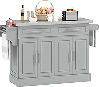 HOMCOM 47" Stainless Steel Kitchen Island Cart on Wheels - Adjustable Shelves, 2 Drawers, Spice Knife Towel Racks, Gray Mobile Storage