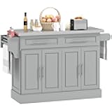 Rolling Kitchen Island Cart with Wheels, Portable Island Table for Kitchen with Stainless Steel Top, Adjustable Shelves, 2 Drawers, Spice, Knife and Towel Rack, Gray
