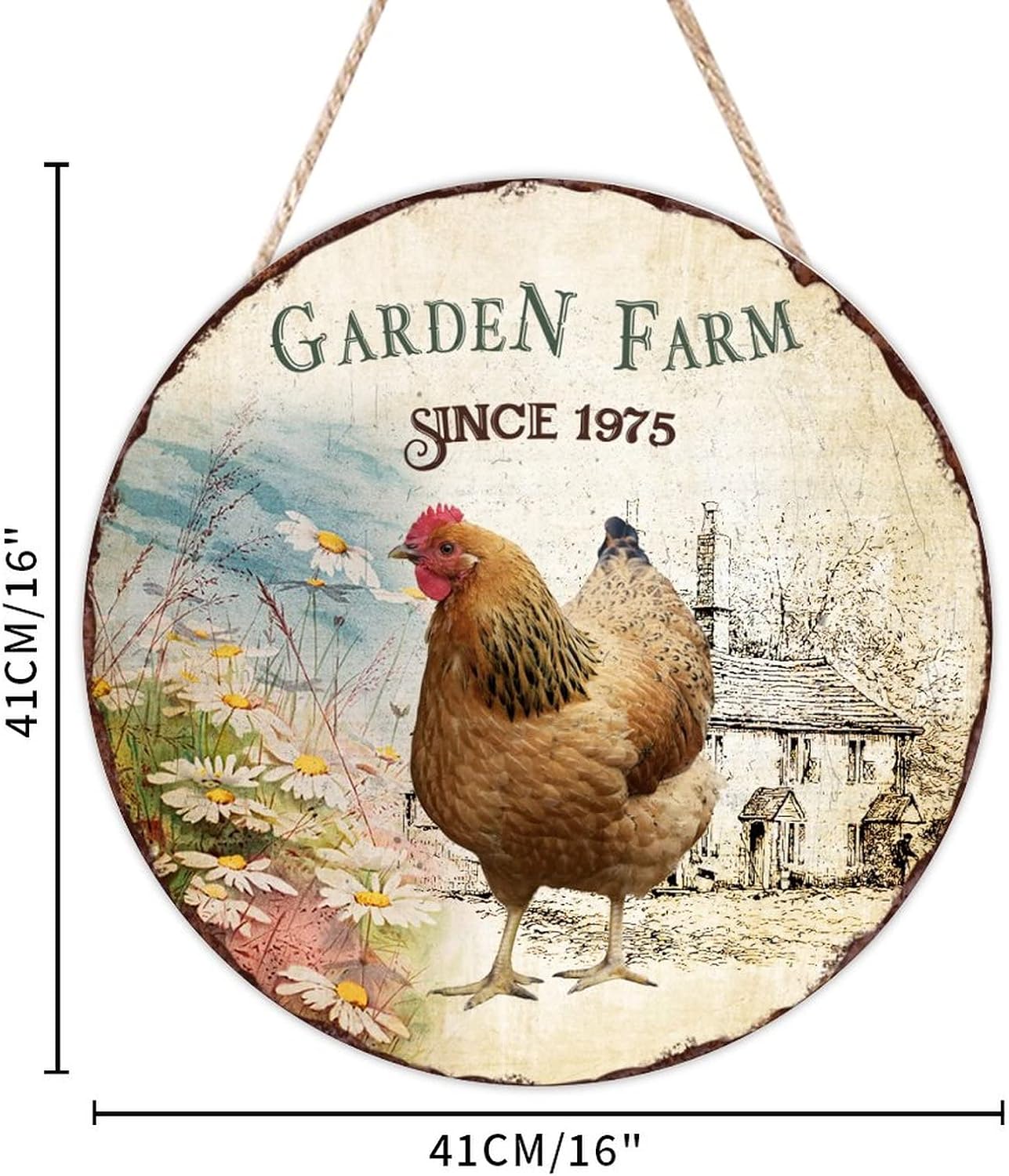 Rooster Front Door Round Wood Sign, Garden Farm Since 1975 Wood Door Sign, Custom Animal 16x16in Wall Hanging Sign Plaque Farmhouse Backyard Door Hanger Wall Decor Housewarming Gifts