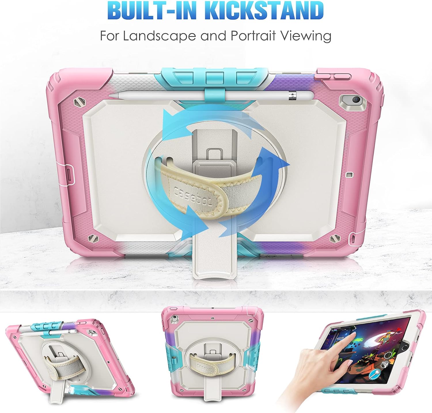 CaseBot Case for iPad 8th Generation 2020 / 7th Gen 2019 10.2 with Screen Protector, [360° Rotating Kickstand] Rugged Heavy Duty Hybrid Shockproof Cover with Hand Shoulder Strap, Pencil Holder (Pink)