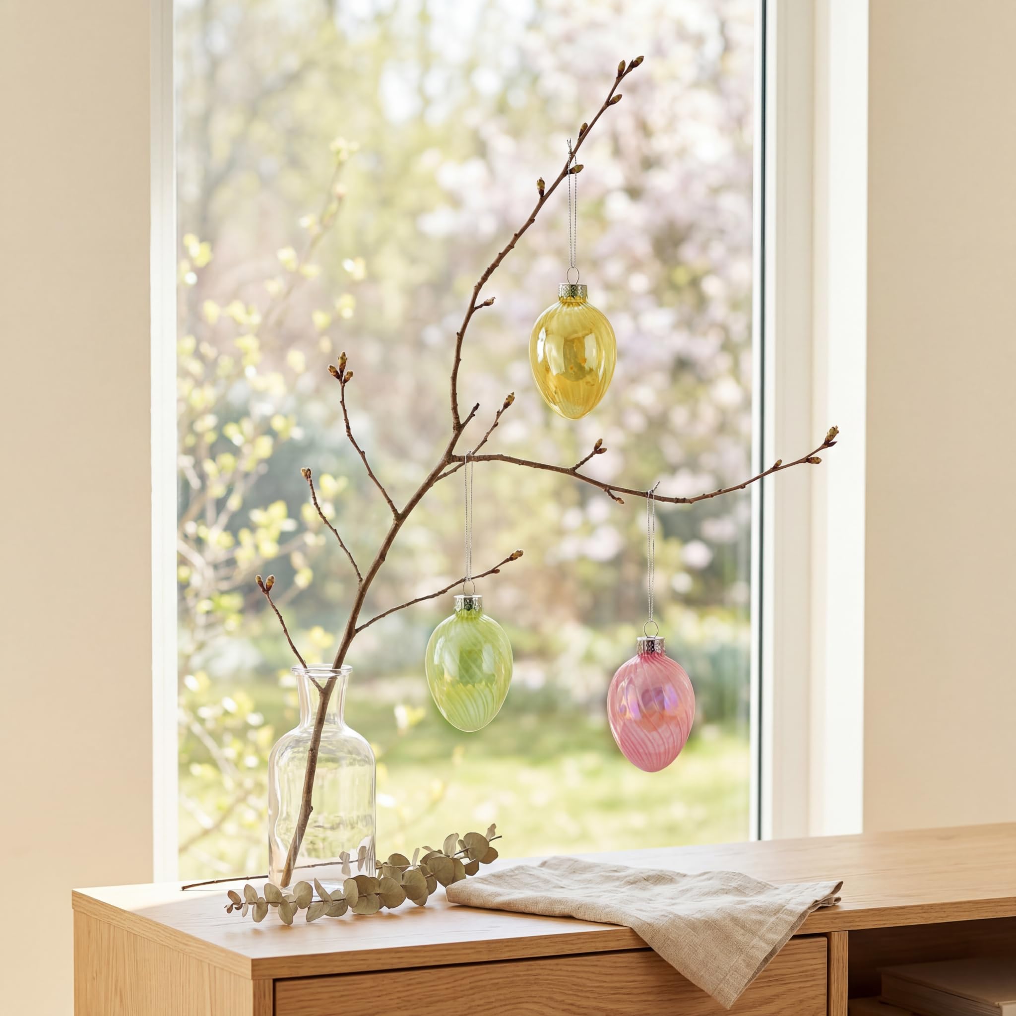matches21 HOME & HOBBY Glas Ostereier 12er Set zum Aufhängen, Zwei Größen - Moderne Osterdeko für Fenster & Zweige im Frühling