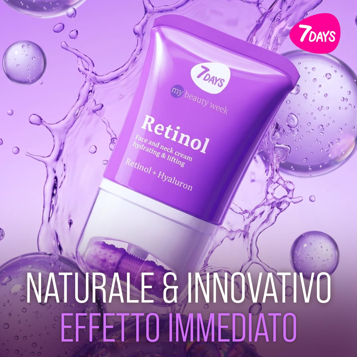 7DAYS Crema Viso e Collo Coreana Antirughe al Retinolo con Rullo Massaggiante – Effetto Lifting Rassodante e Compattezza, Azione Levigante, per Rughe e Linee Sottili, per il Doppio Mento, 80 ml
