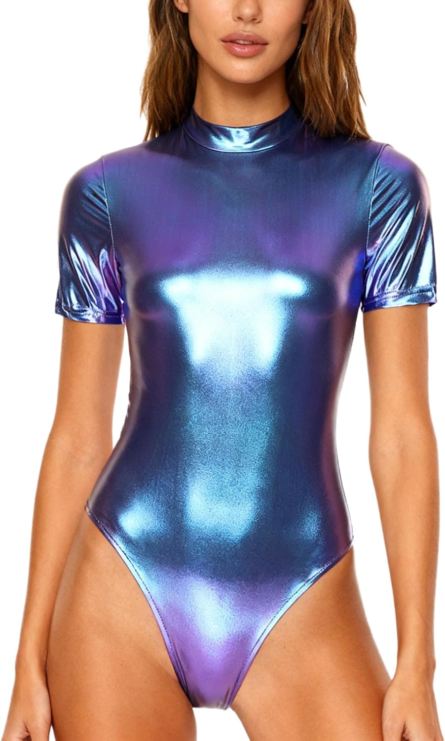 Women's Metallic Shiny Bodysuit Back Hidden Zipper Short Sleeve Mock Neck Bodycon Leotard