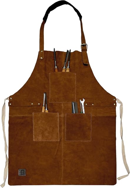Rustic Town Genuine Leather Grill Work Apron with Tool Pockets ~ Adjustable up to XXL for Men & Women ~ Gift Ideas for Him Her (Tan)