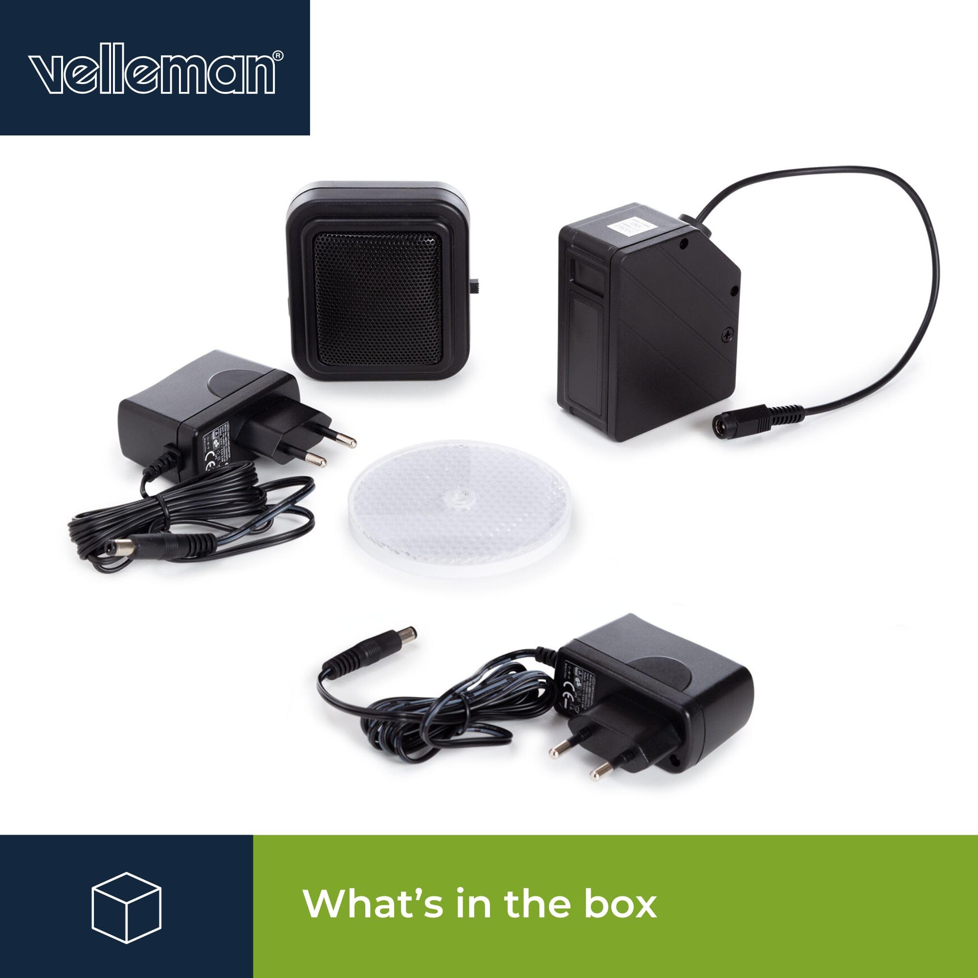Velleman Barrera IR inalambrica Sensor de Movimiento, Alcance 7 m, IP44 Interior y Exterior, alimentacion 12 V, Alcance inalambrico hasta 100 m, Alarma y Timbre Ajustables para Control de Acceso