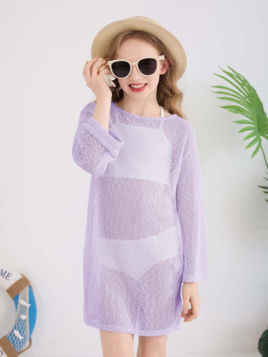 Haloumoning Girls Crochet Long Sleeve Beach Cover Up Kids Fashion Hollow Out Swimwear with Split Hem 5-14 Years