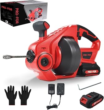 20V Cordless Electric Drain Auger, 25Ft Auto-Feed Drain Snake, Replaceable Cable, 2.0Ah Battery & Charger, LED Light, Clog Remover for Sink, Shower, Kitchen, Bathroom Pipes 3/4"-2"
