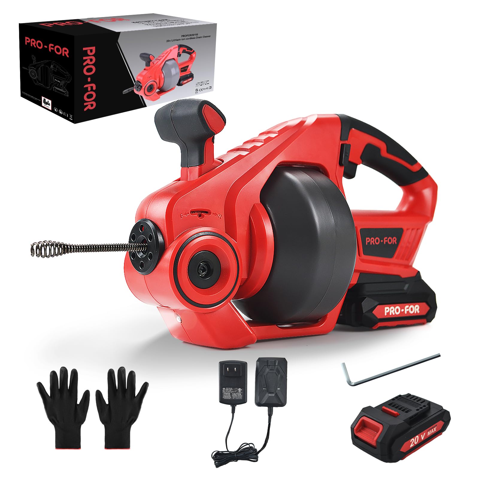 PRO-FOR 20V Cordless Drain Auger