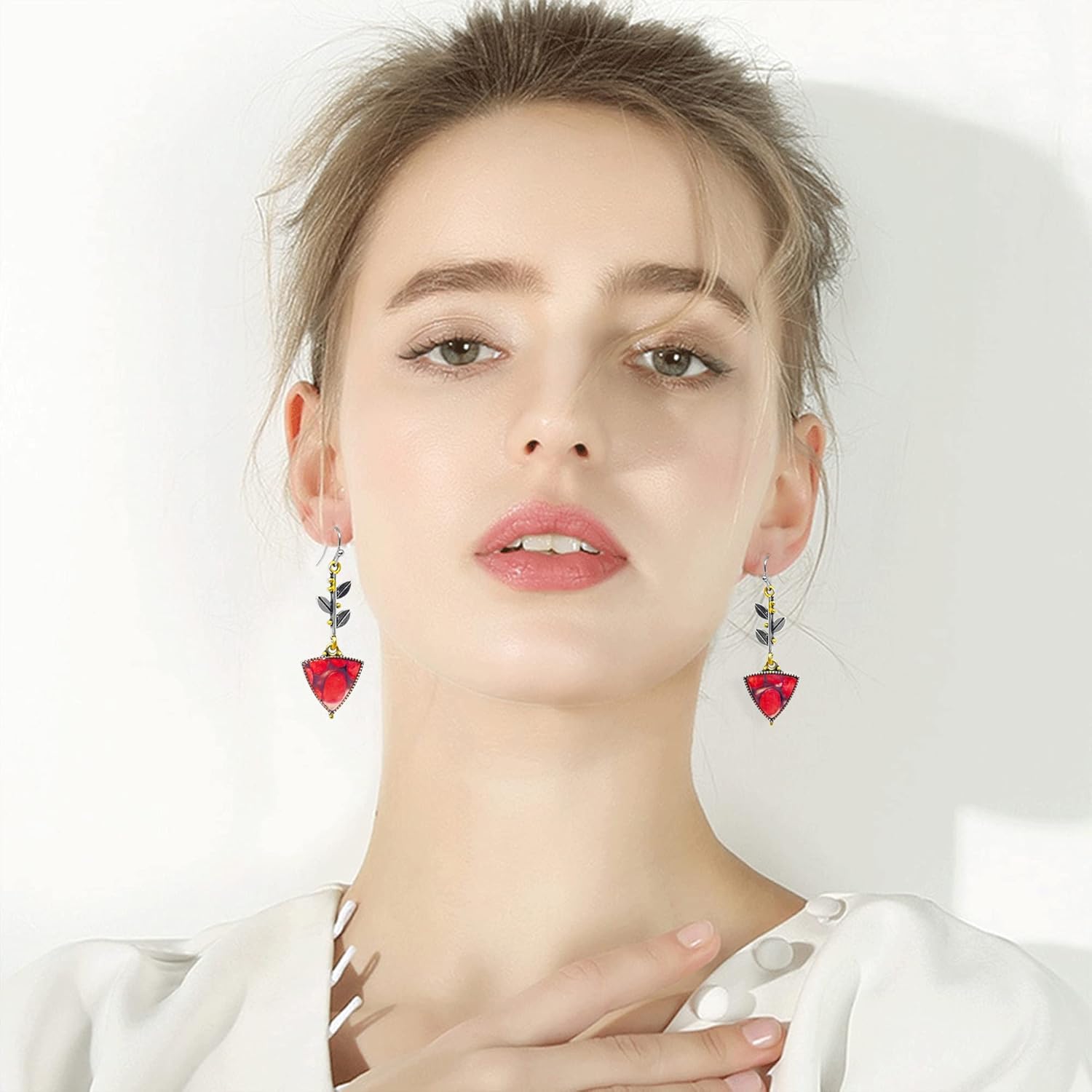 KaFu Bohemian Antique Long Drop Earrings Handmade Creative Leaf Triangle Bohemian Dangle Drop Earrings Peanut Wood Opal Earrings for Women Girls - Image 4