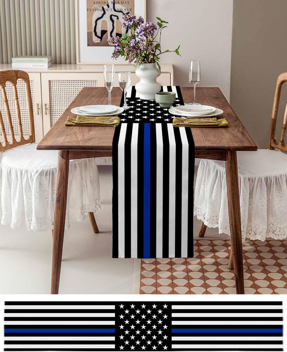 Durable Fabric Table Runner,Blue Line American Flag Honoring Men and Women of Law Enforces Washable Linen Table Runners for Home/Kitchen/Dining Table/Indoor & Outdoor Decor 13x120 inch