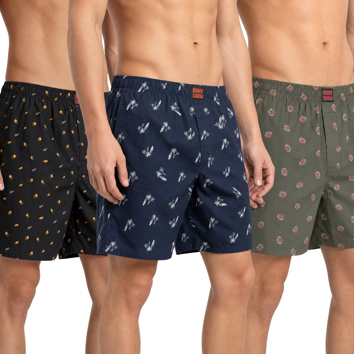 Men's 100% Cotton Printed Boxer Shorts Pack of 3 with Dual Side Pockets and Fabric-Covered Waistband - Black/Navy Blue/Olive, Styles MBX016, MBX025, MBX026-image-44