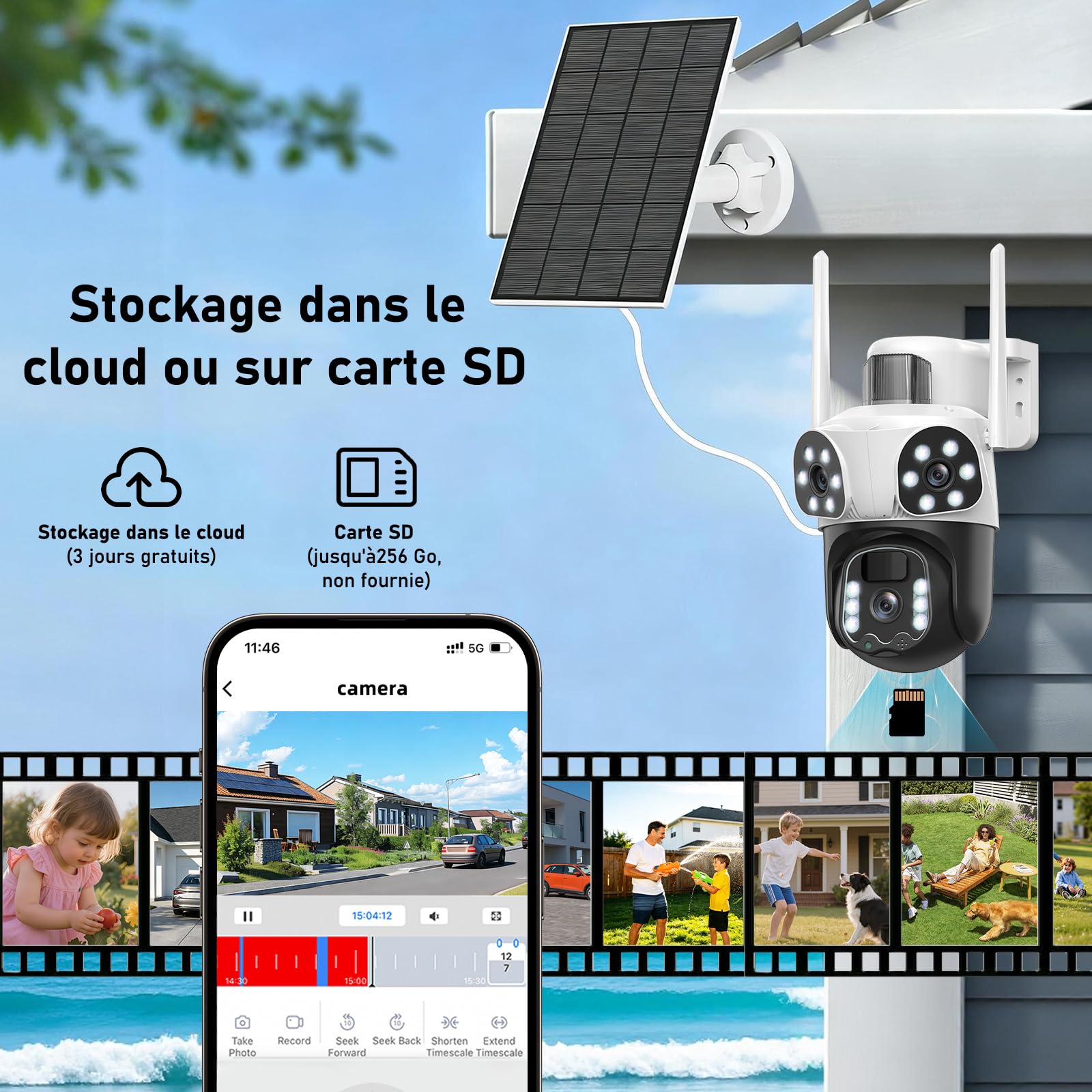 12MP Caméra Surveillance WiFi Extérieure à Triple Objectif,AOV 24/7,355°PTZ Caméra 3-in-1,Détection Humaine avec Panneau Solaire,Suivi Automatique,Vision Couleur,Audio Bidirectionnel,Batterie 10000mAh