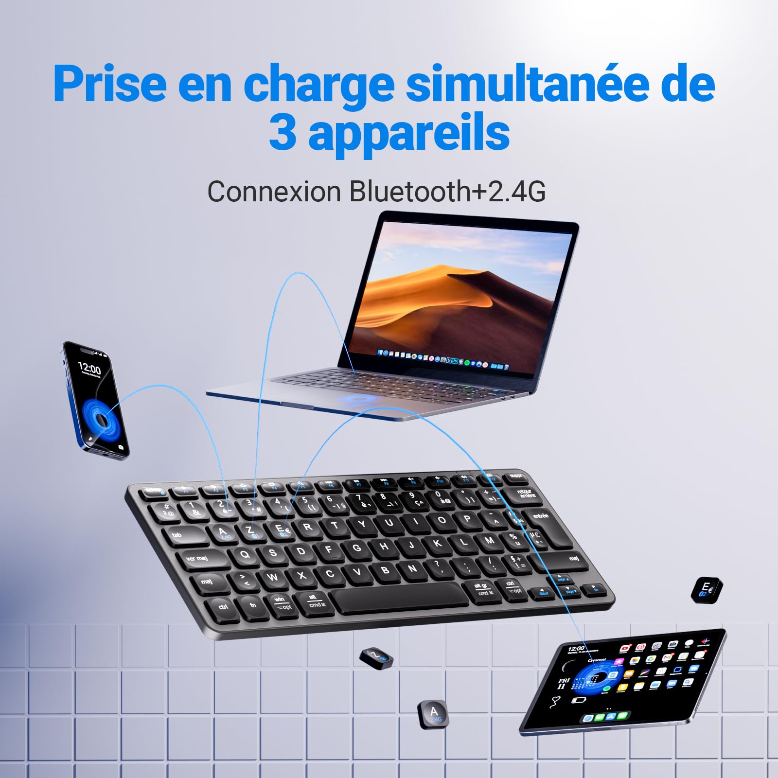 iClever Clavier Bluetooth, Clavier sans Fil, Compact, Ultra-Mince, Rechargeable, AZERTY Français pour iOS, Mac, Windows, Android,Gris