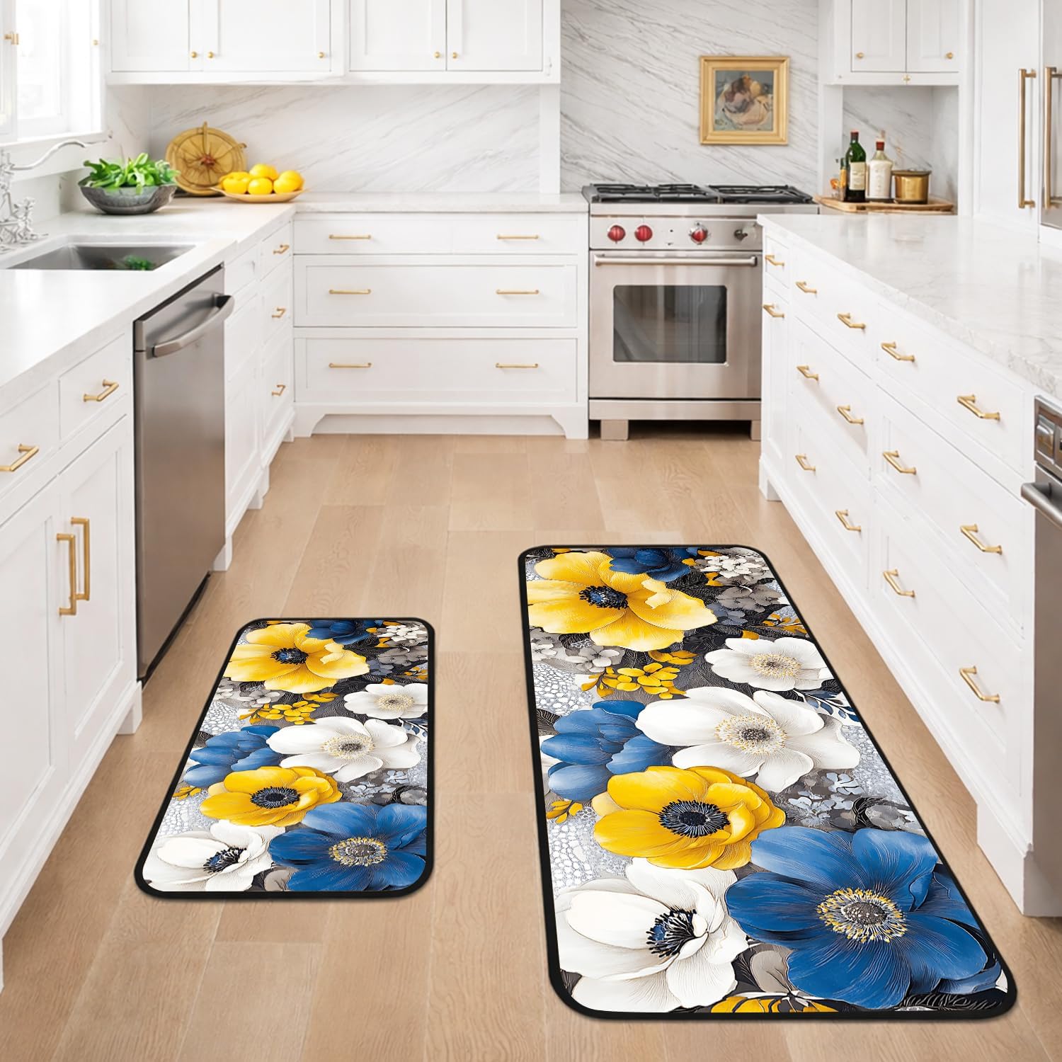 Kitchen Rugs Set of 2 (17" x 47" + 17" x 30"), Cushioned Kitchen Floor Mats, Non-Slip Comfortable Standing Pads for Kitchen, Sink, Bathroom & Laundry Room