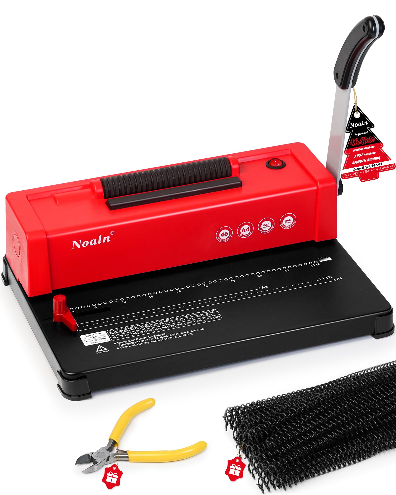 46-Hole Binding Machine Spiral Coil Binder Classic Red,DIY Book Binder Kits with Electric Coil Inserter,100pcs Comb Binding Spines,for Letter Size/A4/A5 School Office Home