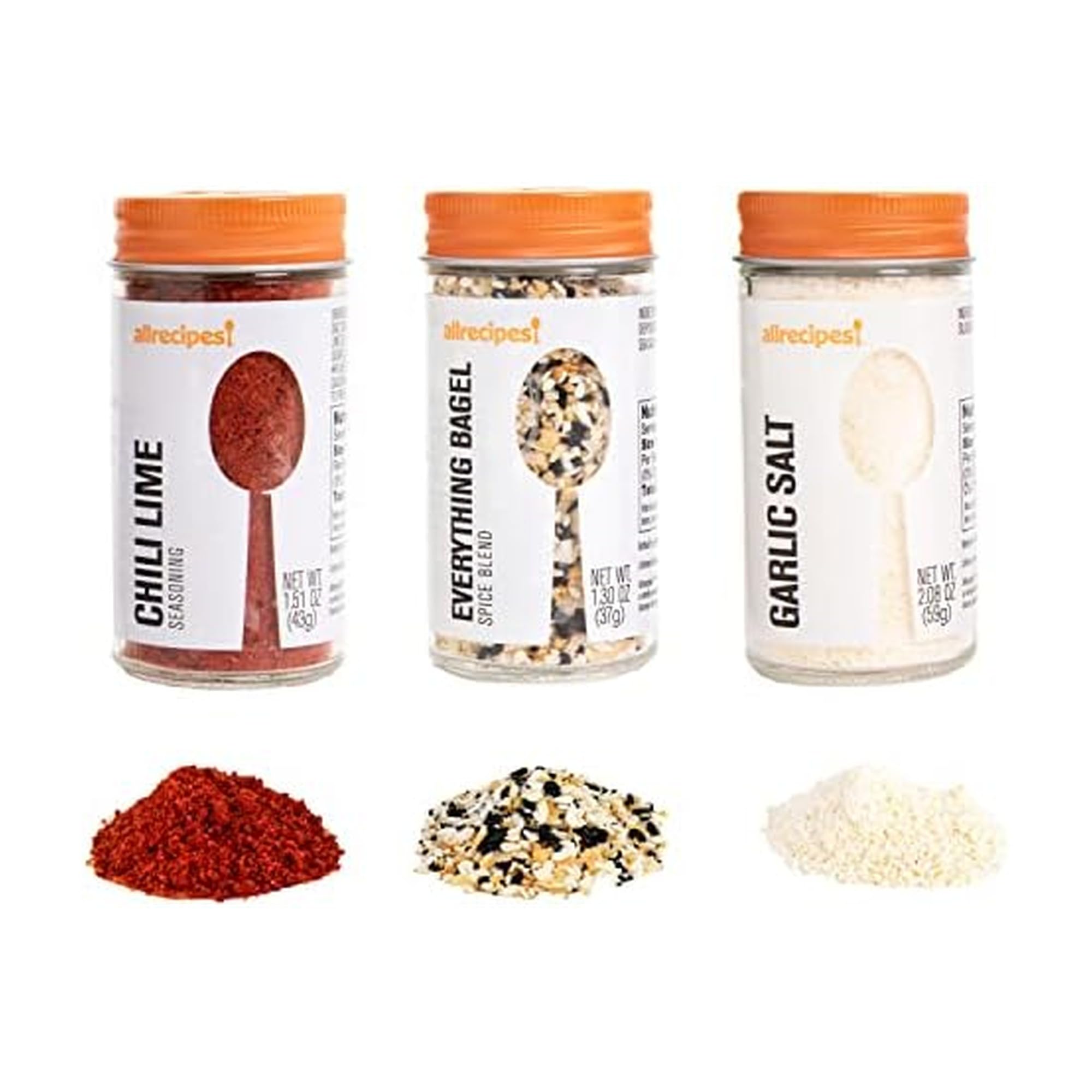 Allrecipes Savory Seasonings (칠리 라임, Everything 베이글, 마늘 소금), 뿌리기용 탈착식 체 캡이 있는 유리병, 투명 3개 세트, 24.9 x 16.1 x 5.1cm(9.63 x 6.13 x 2인치)