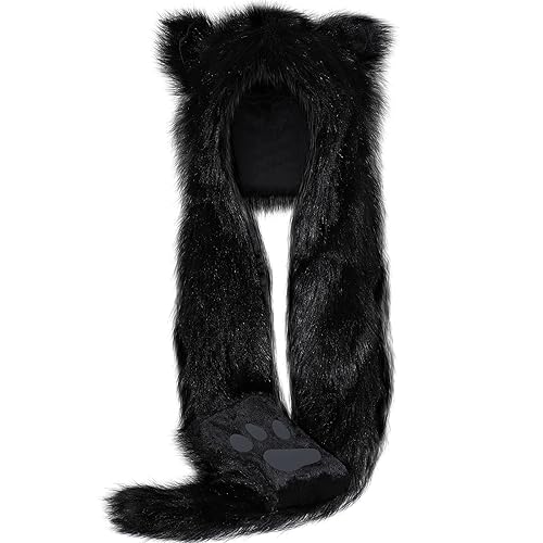 SATINIOR Faux Animal Hoods Headwear Furry Hat Mittens Gloves Scarf Paws Ears Furry Winter Animal Accessories - Black - Fox