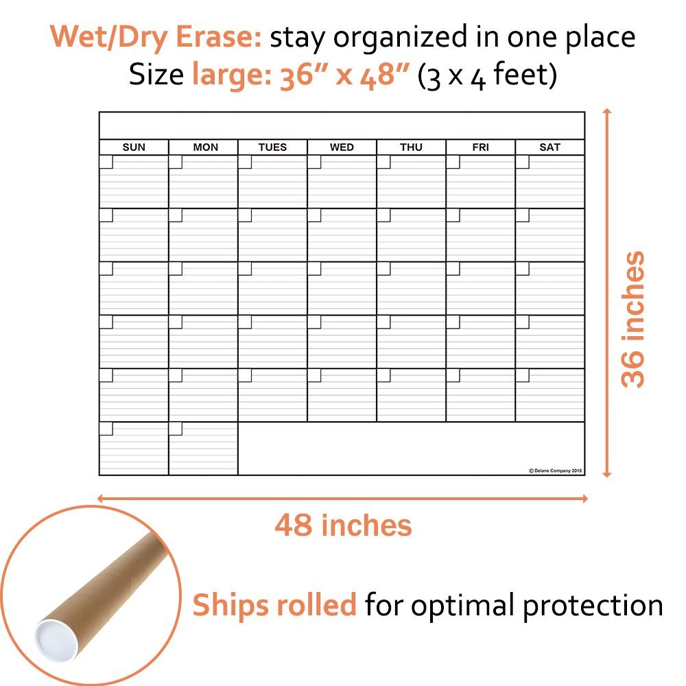 KITLIFE Dry or Wet Erase Jumbo Monthly Wall Calendar Undated Office
