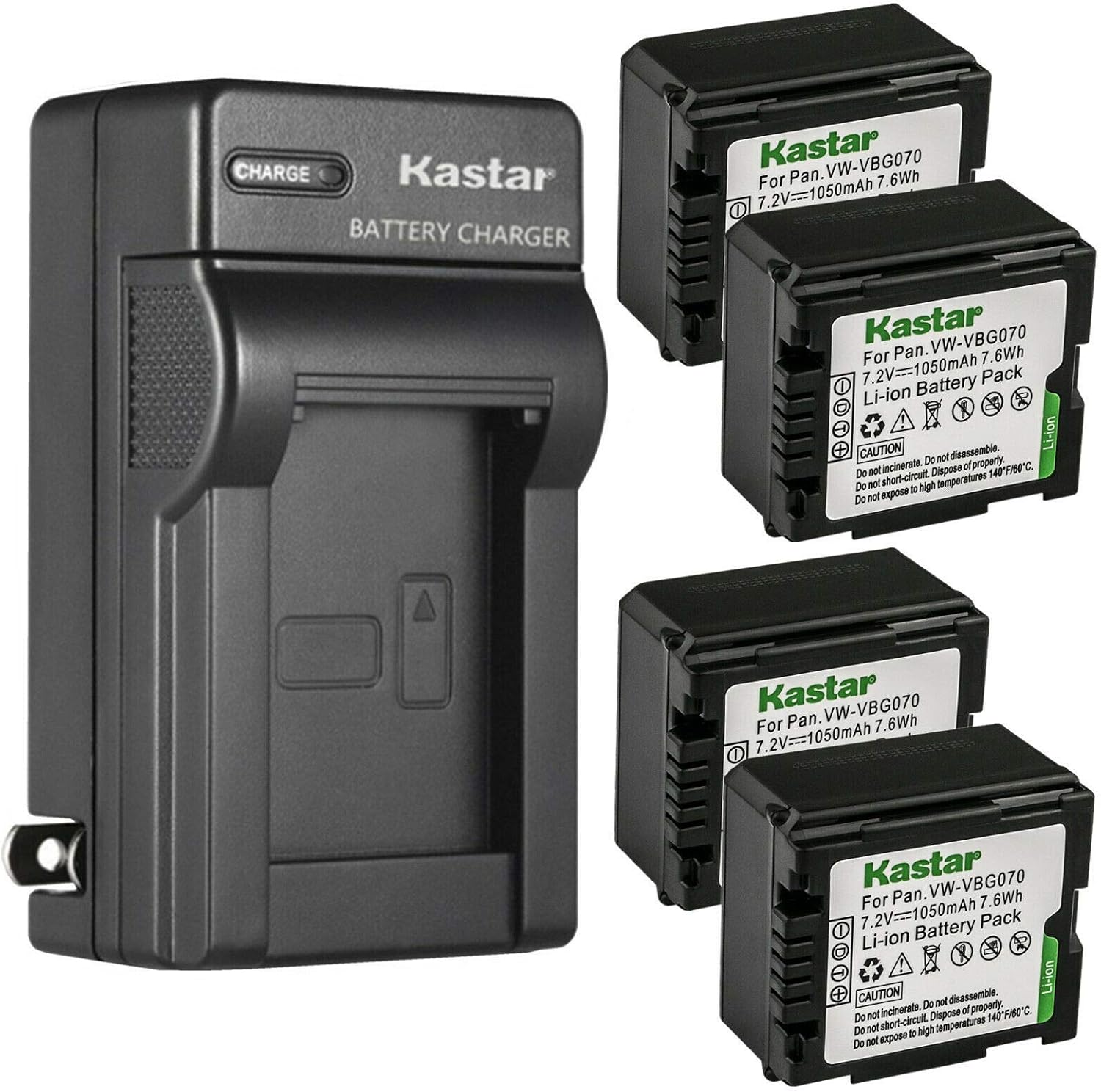 Kastar 4-Pack Battery and AC Wall Charger Replacement for Panasonic VW-VBG070, VW-VBG070A, VW-VBG070-K, VW-VBG070PPK, VW-VBG130, VW-VBG130-K, VW-VBG130PPK, VW-VBG260, VW-VBG260-K, VW-VBG260PPK