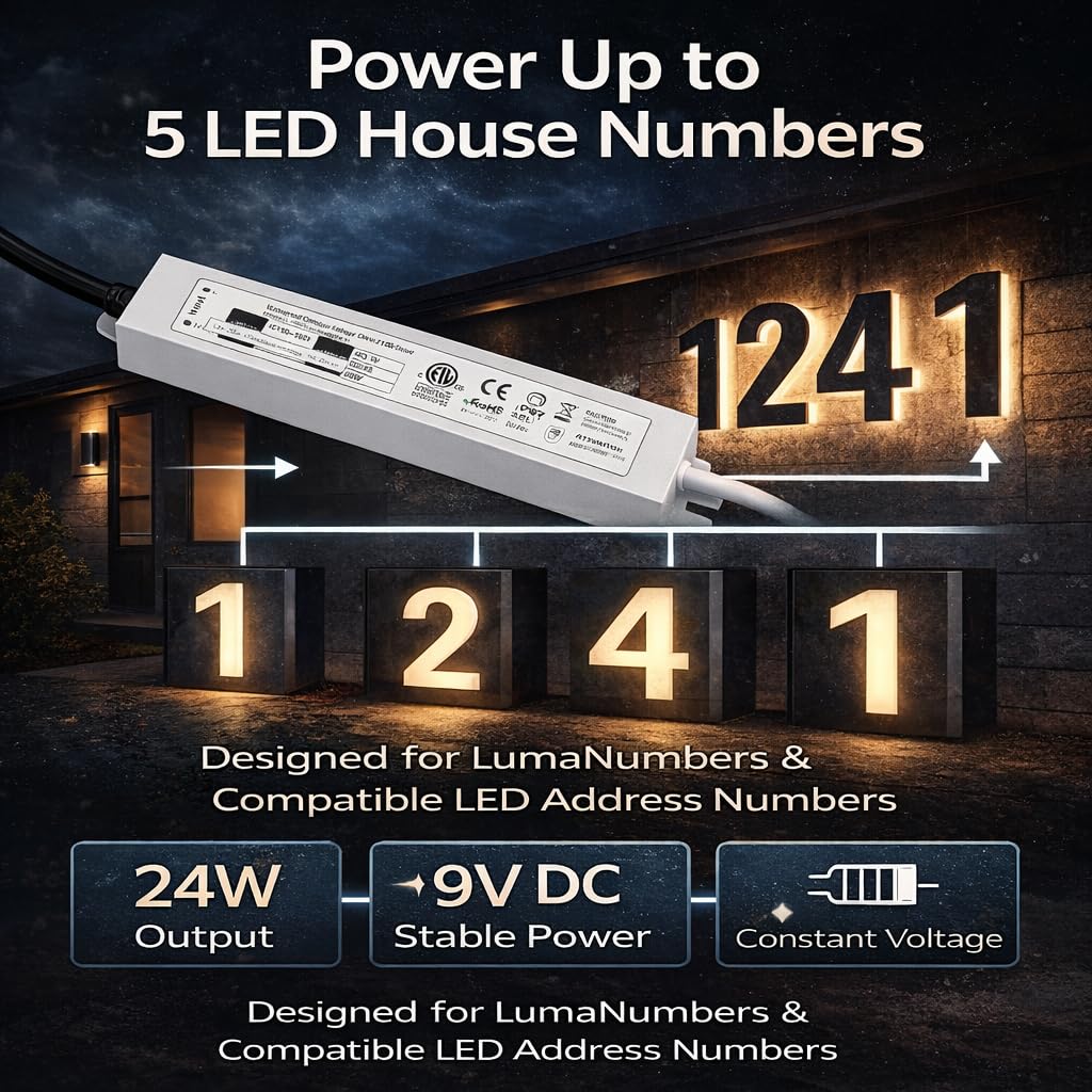 LED Driver 24W Power Supply - IP67 Waterproof Transformer for LumaNumbers LED Address Numbers, Low Voltage 9V DC Power Supply (Supports Up to 5 Lighted House Numbers)