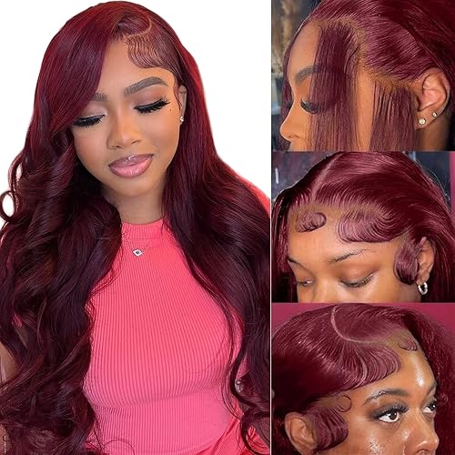 Miniatura 14 de 99J - Pelucas de cabello humano con encaje frontal transparente HD de 13 x 6 pulgadas, color burdeos, para mujer, densidad del 180%, color rojo