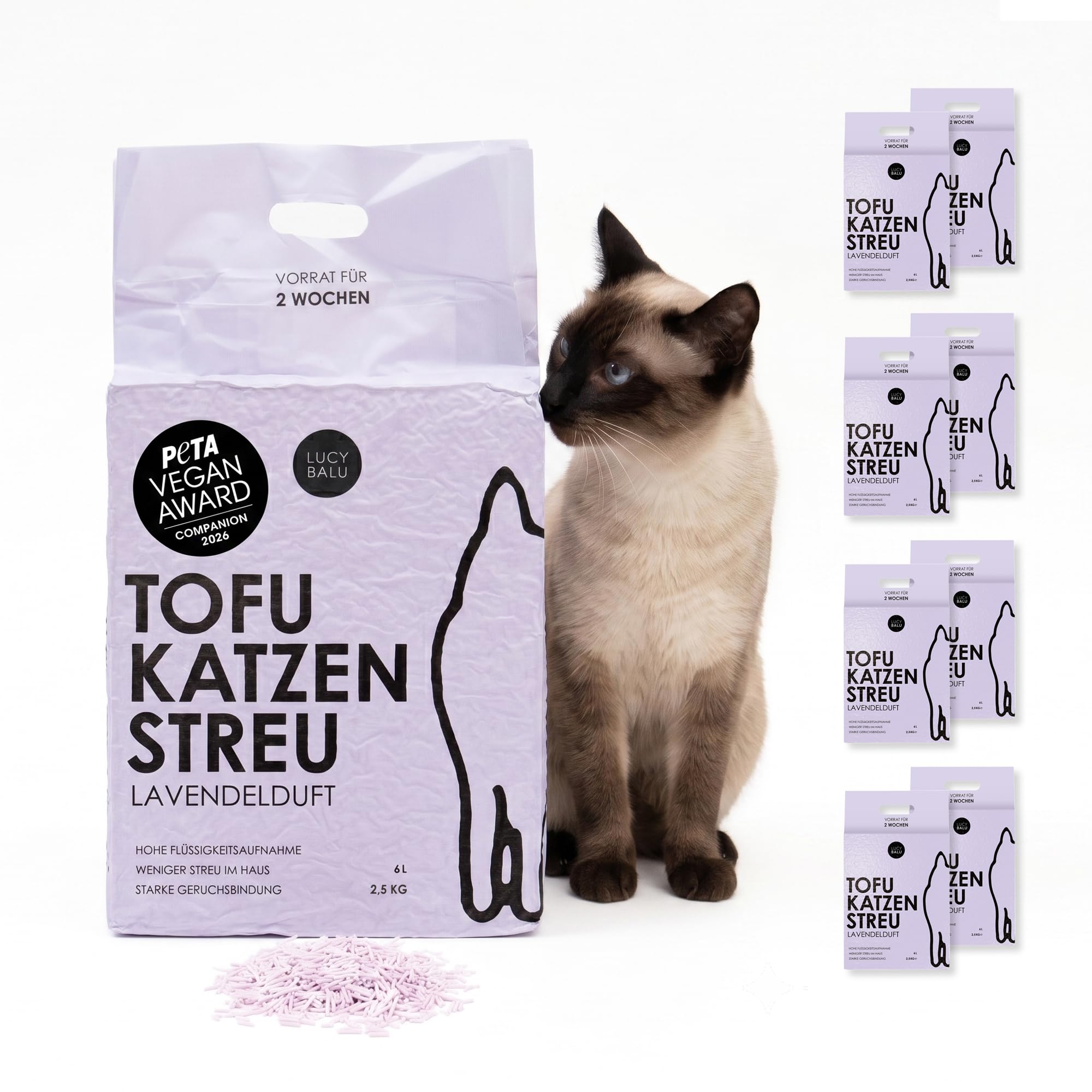LucyBalu® TOFU Katzenstreu klumpend, staubarm, spülbar – Lavendel | Pflanzliche Streu, biologisch abbaubar, kein Streu im Haus, toilettenspülbar