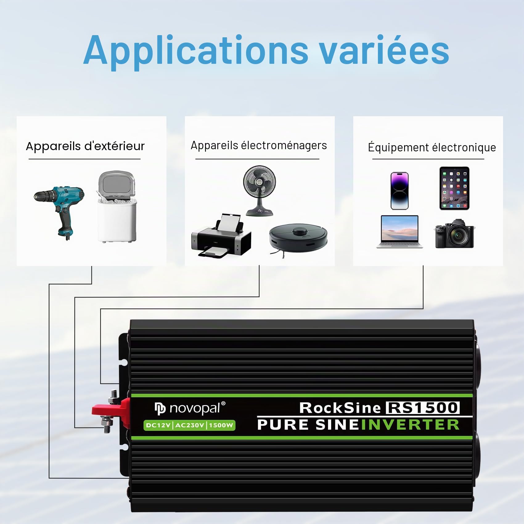 NOVOPAL Convertisseur Pur Sinus 1500W-DC 12V à AC 220V/230V Onduleur-2 Prise EU de Courant Alternatif et 1 Port USB-télécommande avec INCL. 5 mètres-Puissance de Pointe 3000W transformateur de tension
