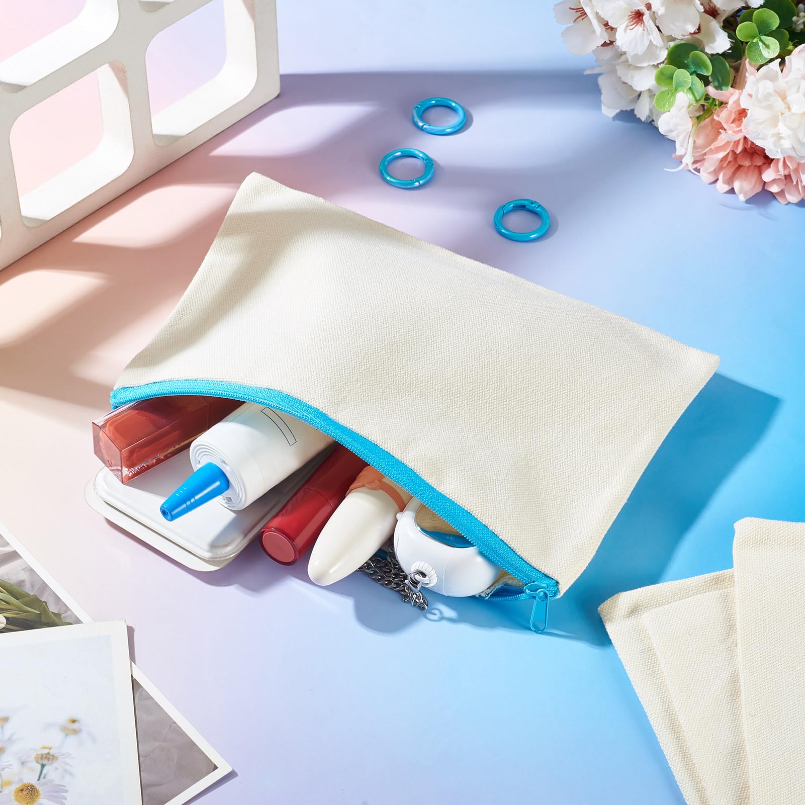 Bestewelry 6 pcs Canvas Travel Cosmetic Bags Blank Canvas Makeup Bags Blank Fabric Pencil Cases with Rings for Students School Storage Women Travel Makeup Organizer, Light Sky Blue - Image 2
