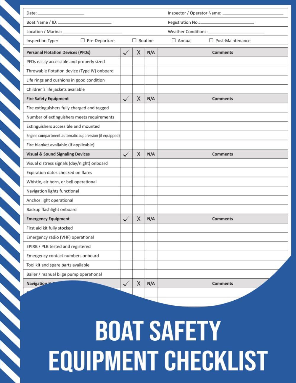 Boat Safety Equipment Checklist: Pre-Departure, Routine, and Annual Vessel Inspection Record.