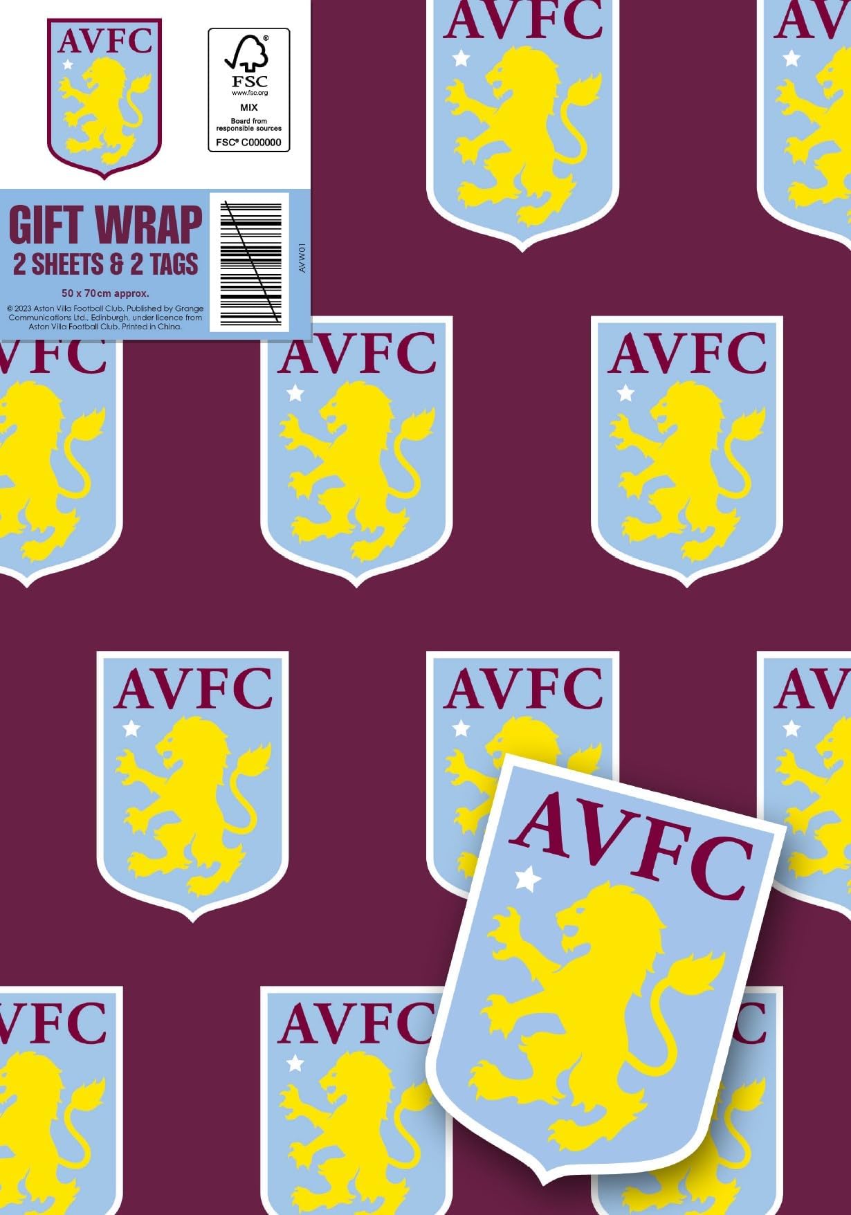 Aston Villa FC Wrapping Paper 2 Sheets 2 Tags, Aston Villa Football Gift Wrap