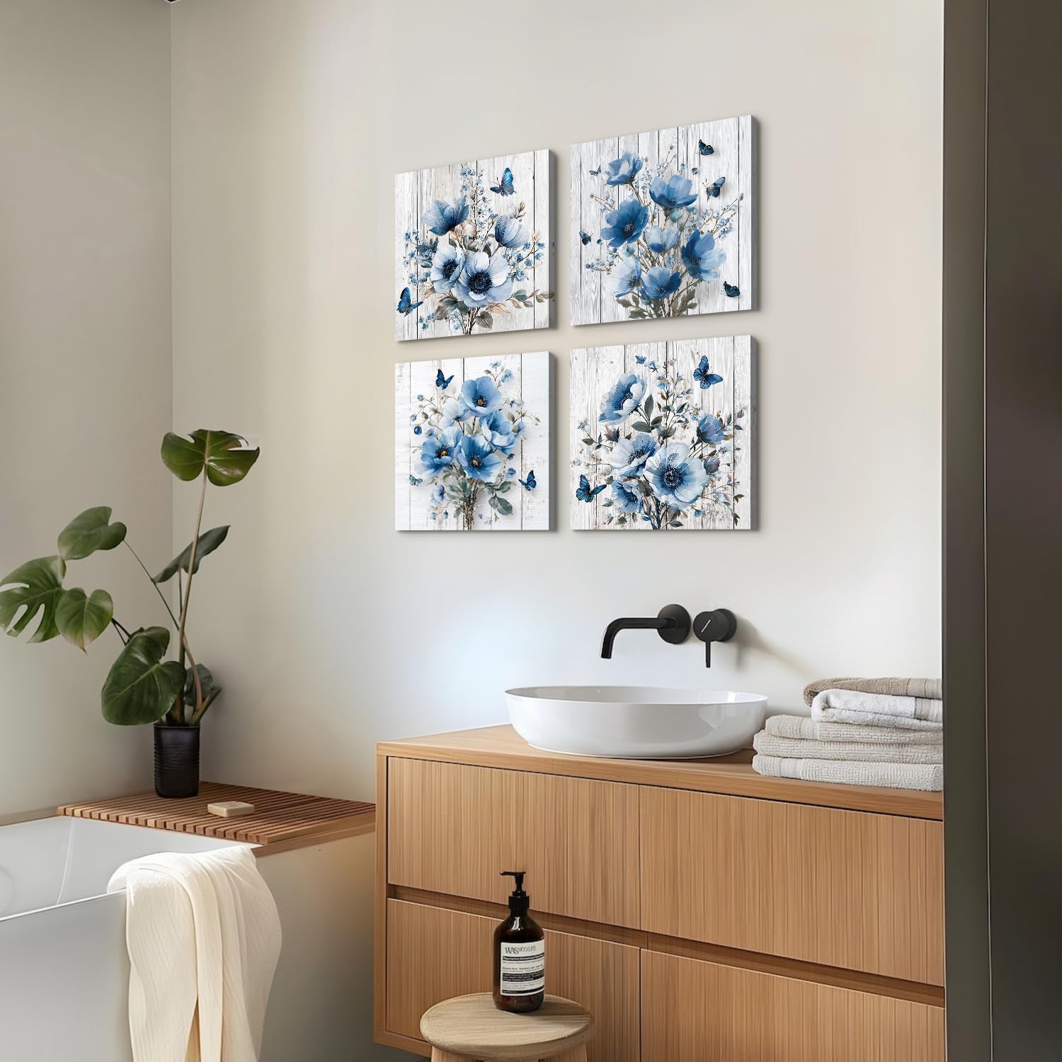 Blue Butterfly Wall Art Vintage Flowers Canvas Prints Spring Botanical Pictures Rustic Farmhouse Floral Painting Poster Blue Wildflower Canvas Artwork for Living Room Bedroom Home Decoration 12x12" 4Pcs