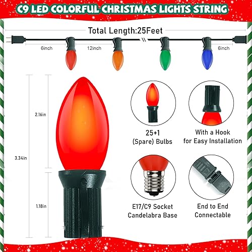 Miniatura 9 de Luces de Navidad de 25 pies para exteriores, luces de Navidad multicolor C9 con 26 bombillas incandescentes rojas, verdes y blancas, tira de luces