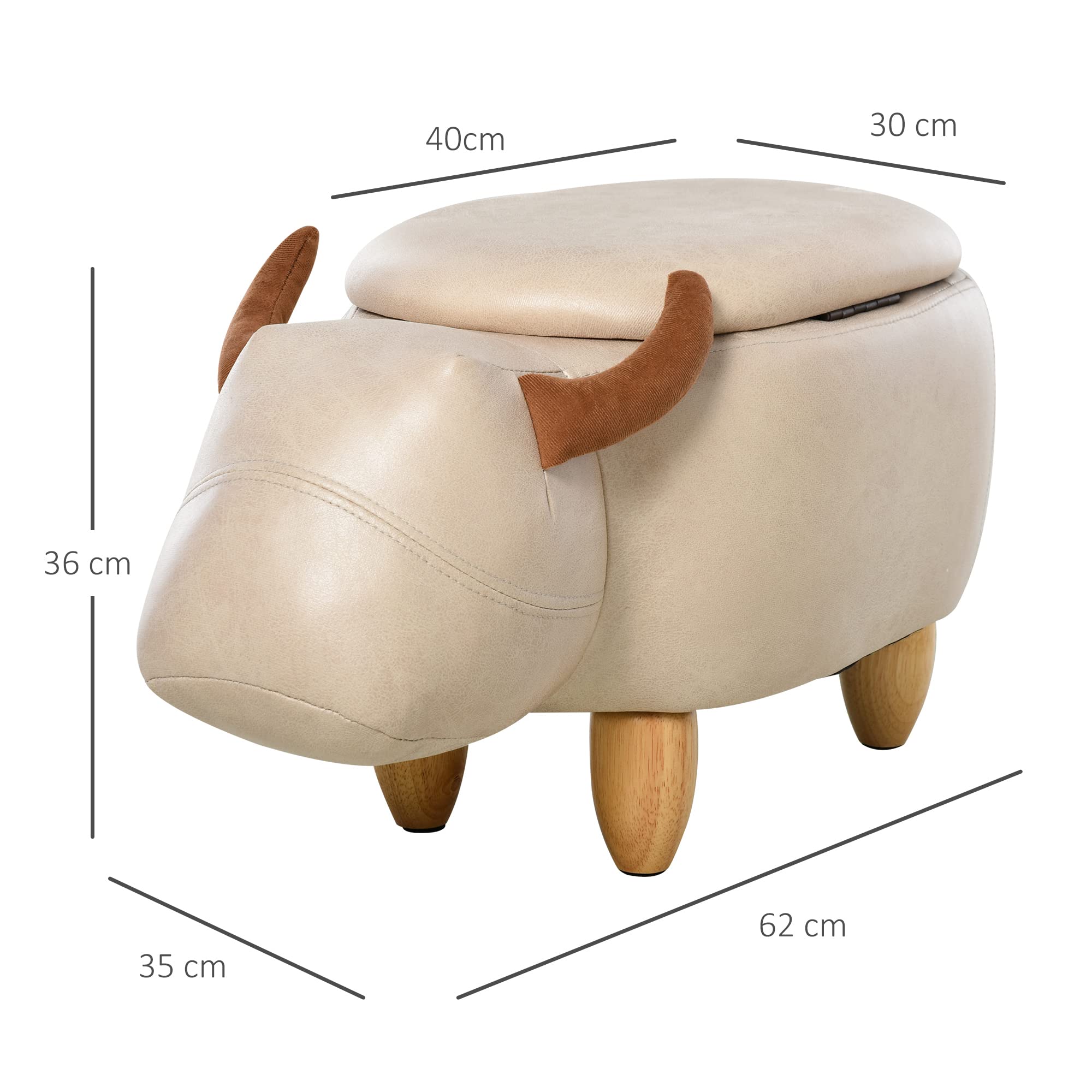 HOMCOM - Taburete de vaca - Puf Vachette - Puf Tauro Baúl de almacenamiento 2 en 1 - Patas de madera de caucho, revestimiento sintético, aspecto crema