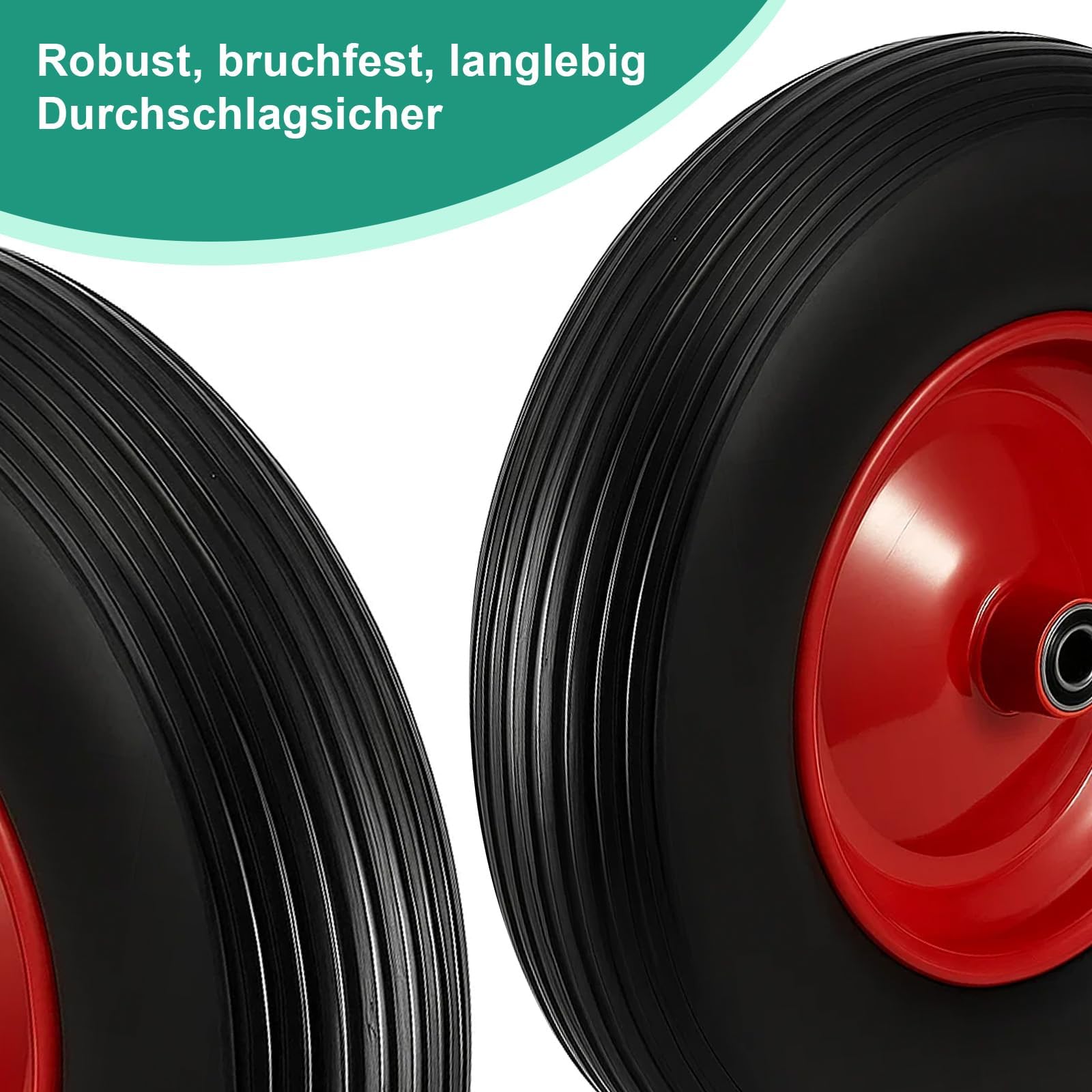 Schubkarrenrad 4.80/4.00-8 PU Vollgummi pannensicher – Ersatzrad für Schubkarre mit Rillenprofil, langlebiges PU Rad für Gartenkarre, Sackkarre & Transportwagen