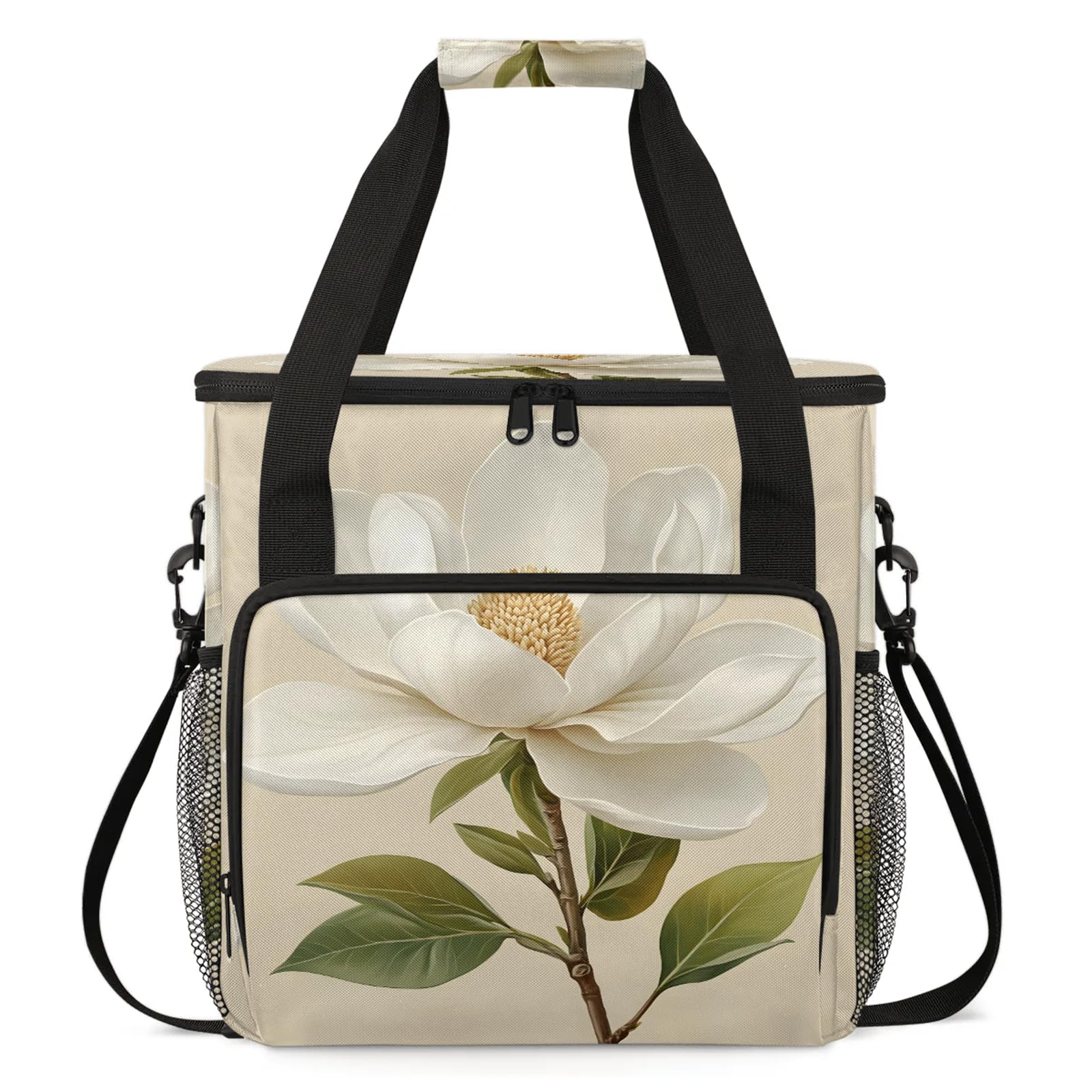 Adornori Flower Coffee Maker Travel Bag, White Floral Insulated Grocery Bag Travel Picnic Leakproof Cooler Bags With Shoulder Strap