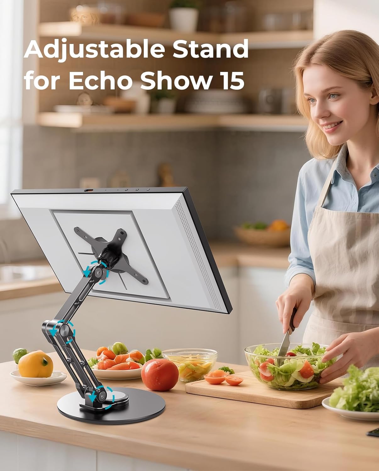 Adjustable VESA Mount Stand for Echo Show 15 (1st & 2nd Gen), Portable Monitor Stand with 360° Rotation, Tilt & Height Adjustment, Landscape/Portrait Mode Switching (Black)