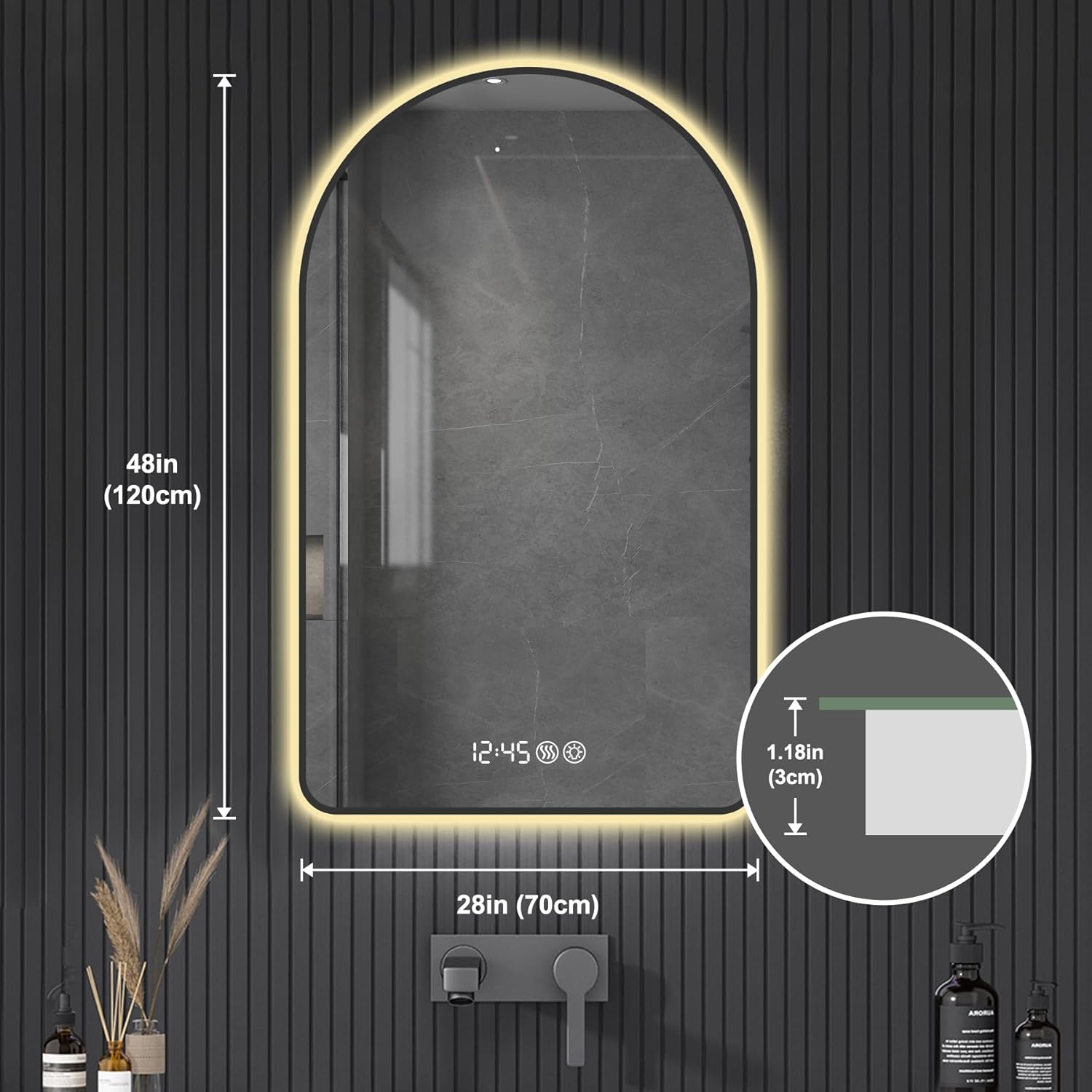 32x60 Inch Arched LED Bathroom Mirror with Anti-Fog, Time & Temperature Display, Dimmable Backlight, 3 Color Temperatures, Aluminum Frame for Vanity(32"x60")