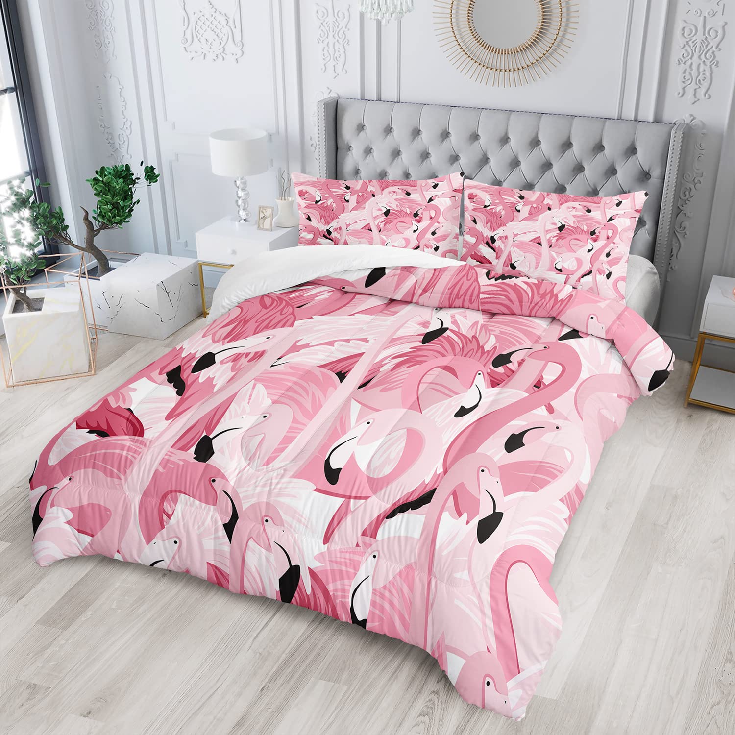 AILONEN Flamingo Comforter Set for Girls Kids, Tropical Flamingo Pattern Bedding Set Full Size,Superior Quilt Ultra Soft,3 Piece 1 Comforter and 2 Pillowcases,Microfiber Fabric