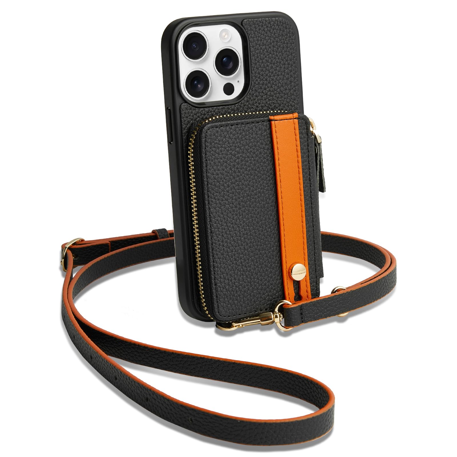 LAMEEKU for iPhone 14 Pro Max Wallet Case with Card Holder, Zipper Leather Crossbody Case with Kickstand Wrist Strap Lanyard for Women, Protective Cover with Phone Grip Holder Stand 5G 6.7 inch Black