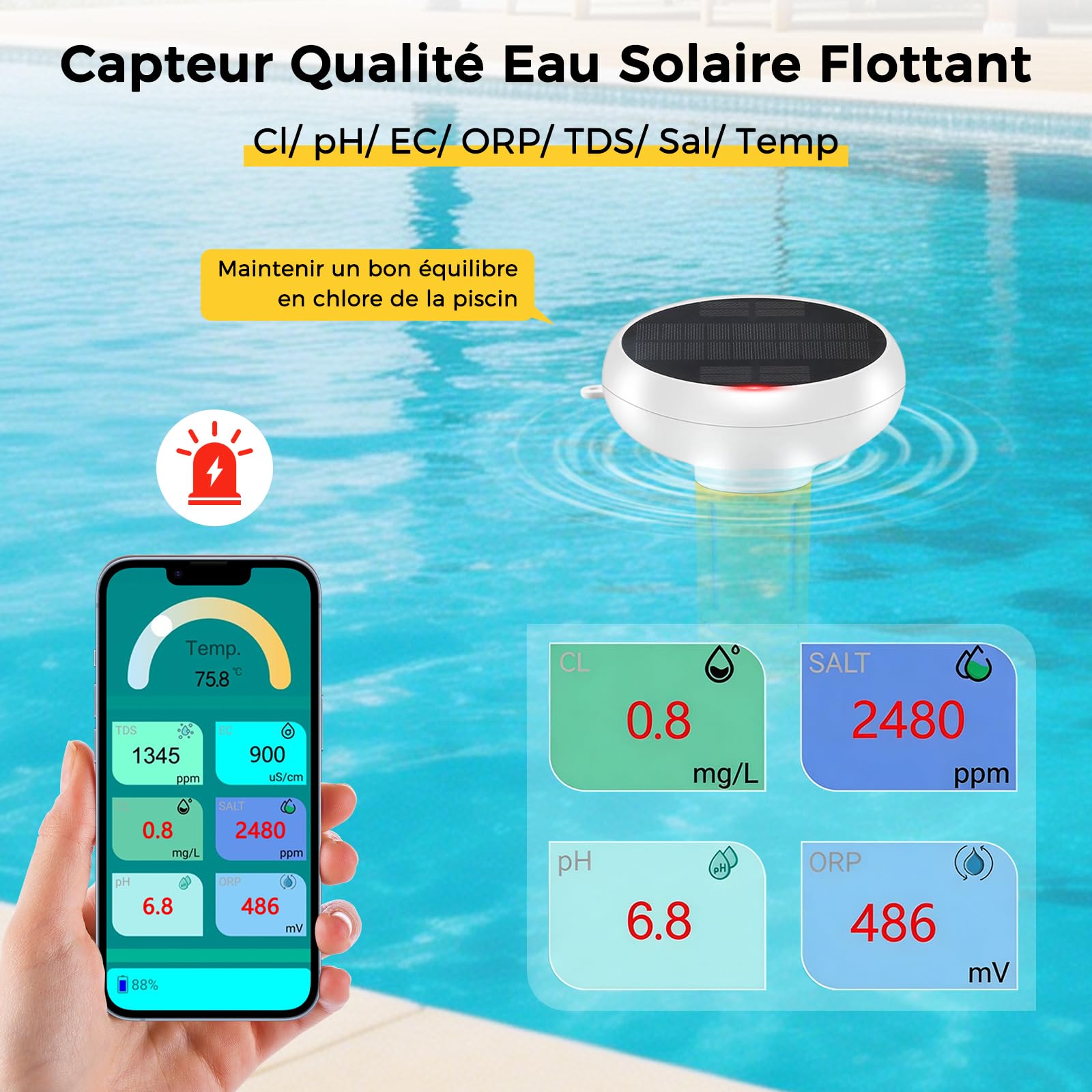 Thermomètre de piscine flottant 7 en 1 à énergie solaire pour moniteur de qualité de l'eau Tuya, pH de piscine, salinité, CL, PH, sel, ORP, conductivité électrique, moniteur de température, testeur