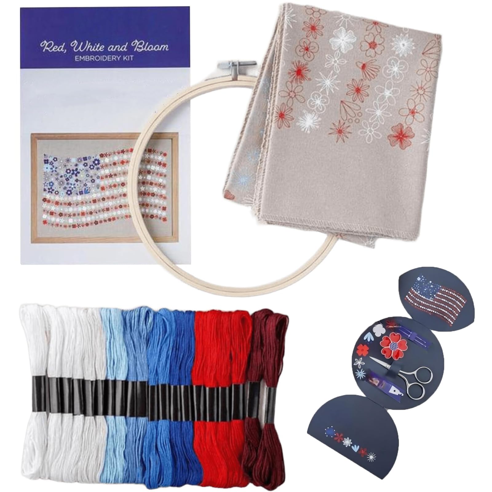 Vinowg Red, White & Bloom Embroidery Kit - US 250th Anniversary Cross Stitch Kit, DIY Patriotic Floral Embroidery, Flowers Embroiderys Kits (1Set)