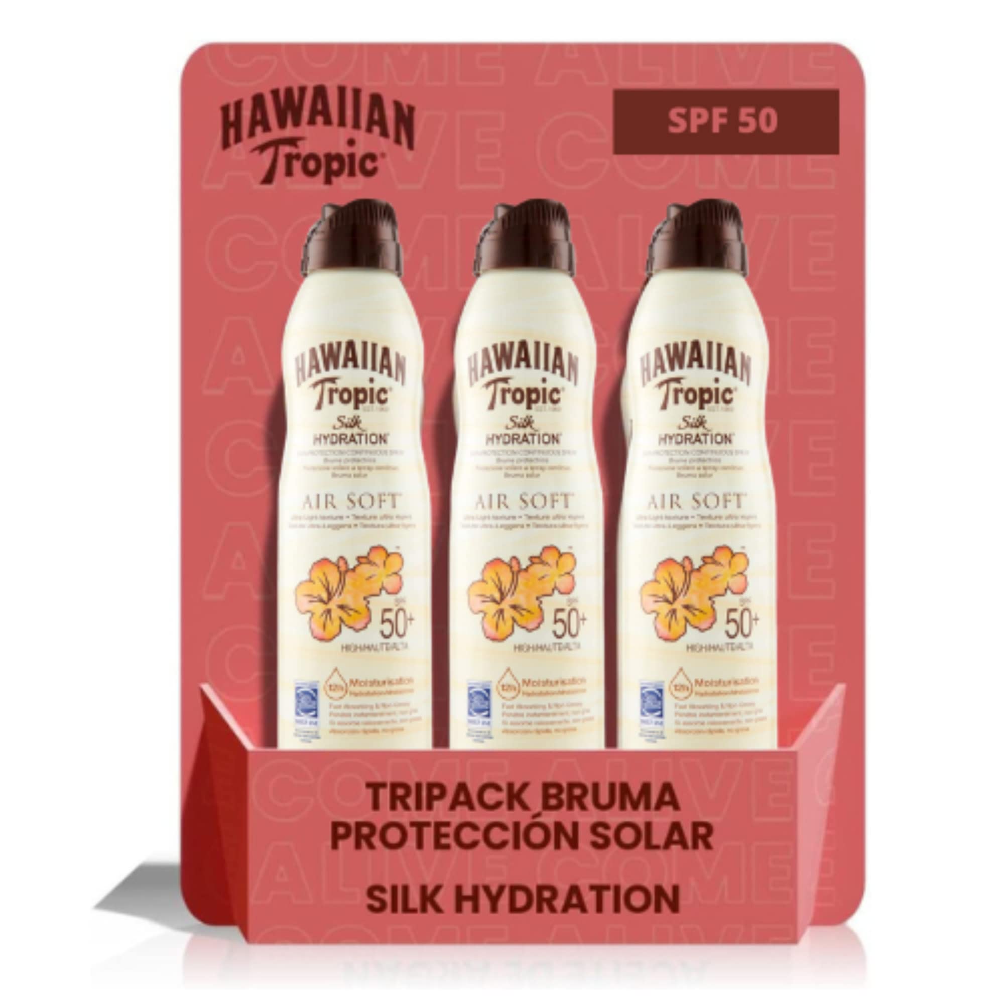 Hawaiian Tropic Bruma Silk Hydration Air Soft - Tripack Loción Solar Protectora en Spray de Vaporización, SPF 50, 220ml - 3 unidades (El embalaje puede variar)