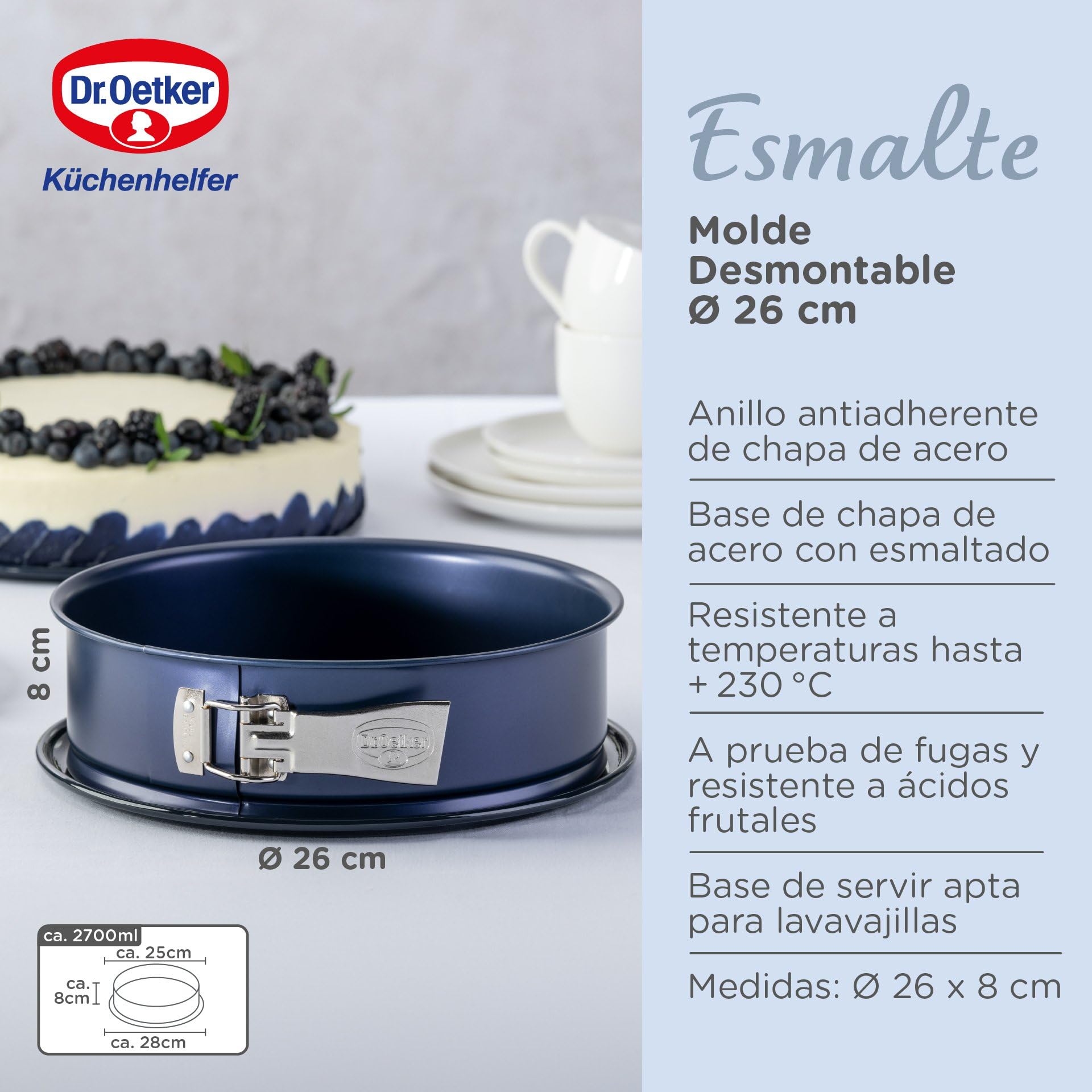 Dr. Oetker Molde repostería horno desmontable redondo con base antigoteo para servir y cierre hermético de seguridad, base esmaltada y aro antiadherente de cuidada calidad, 26cm, 1ud. BACK-LIEBE