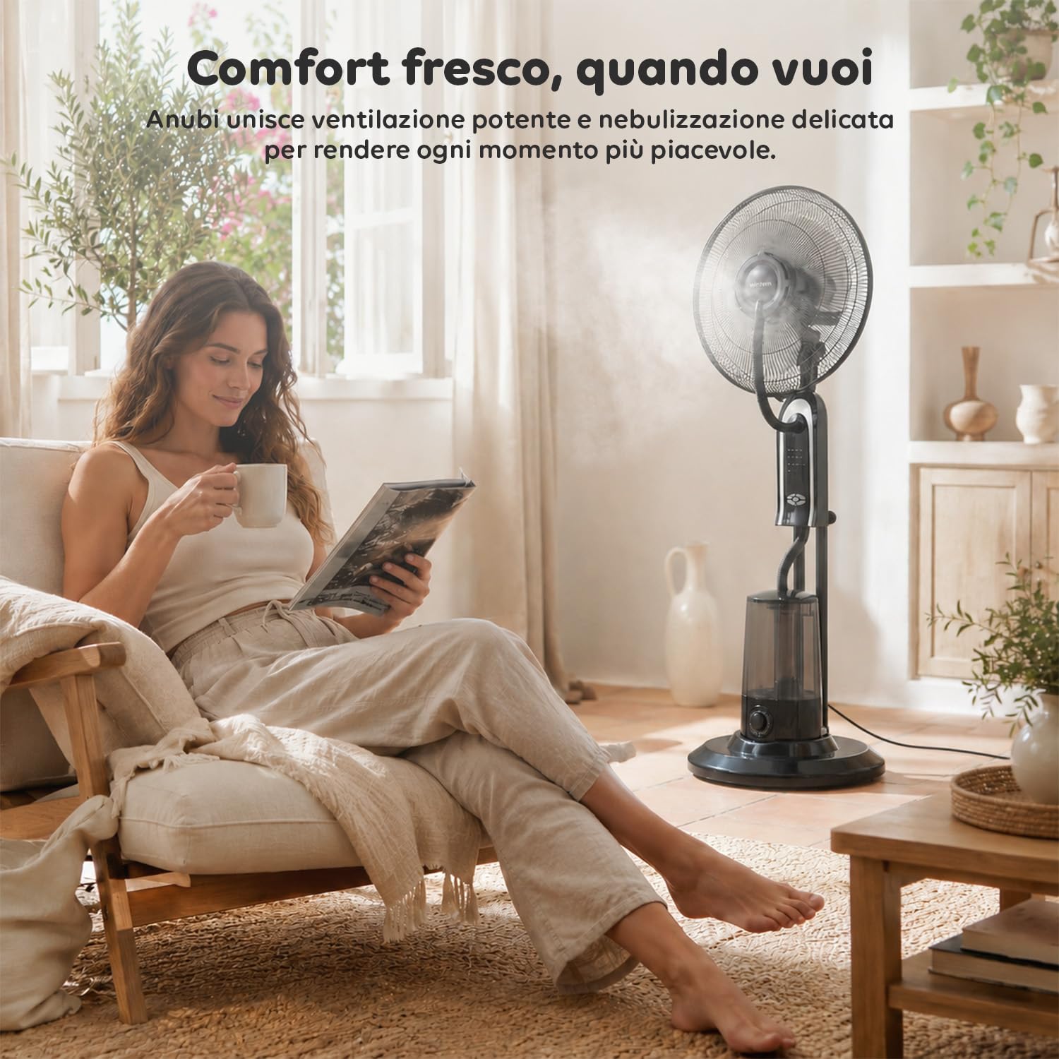 Wintem - Ventilatore a Piantana Silenzioso con Nebulizzatore e Telecomando – Serbatoio 3,2L, 8h Nebulizzazione – 3 Velocità, 3 Modalità Brezza, Oscillante, Timer 7,5h – 75W, Pale 40 cm