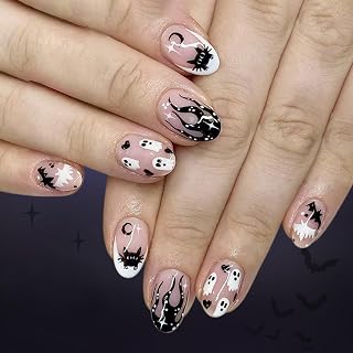 Halloween Press on Nails Short Oval Fake Nails White French Tip False Nails Black Flame Bat Cat Heart Design Full Cover Stick on Nails Spooky Glossy Acrylic Glue on Nails for Women 24Pcs