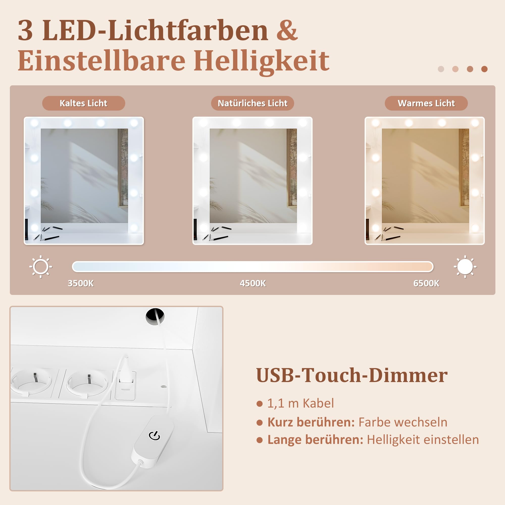 Große Schminktisch mit Verstellbaren LED-Beleuchtung, 2 Steckdosen und 2 USB-Anschluss Schminktisch mit Spiegel, 7 Schubladen mit Metallführungen, 7 Schmuckhaken und 1 Föhnhalter, Weiß