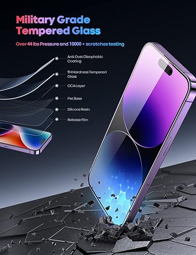 Vista 6 de Lamicall Protector de pantalla para iPhone 14 Pro Max [profesional] [vidrio templado 9H] [inastillable de grado militar] Pantalla transparente HD