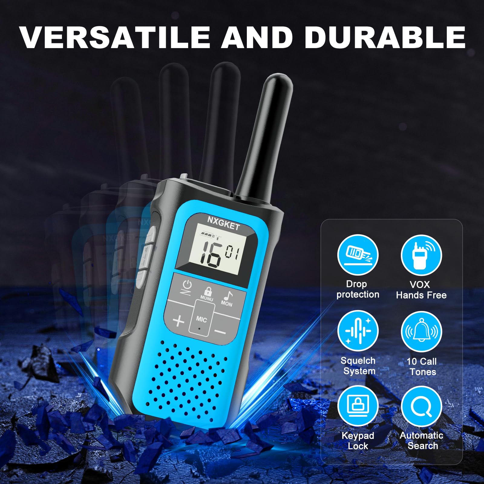 Walkie Talkie per Adulti Bambini, NXGKET Walky Talky Ricaricabile, Lungo Raggio Radio a 16 Canali con Batteria Agli ioni di Litio, Cavo USB-C, VOX per Campeggio e Escursionismo, Set da 2 Pezzi